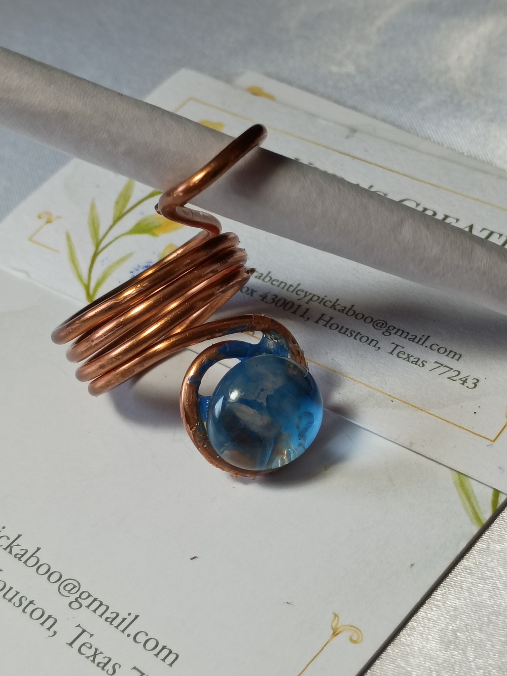 Copper Spiral Ring with Blue Glass Stone - Picture 6 of 12